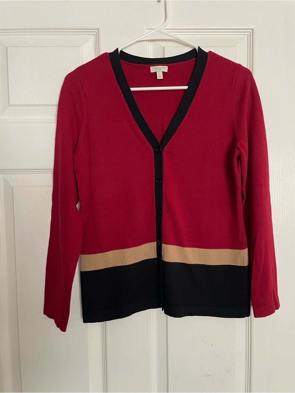 Talbots Women’s size Small Petite Red Colorblock V‑Neck Cardigan
